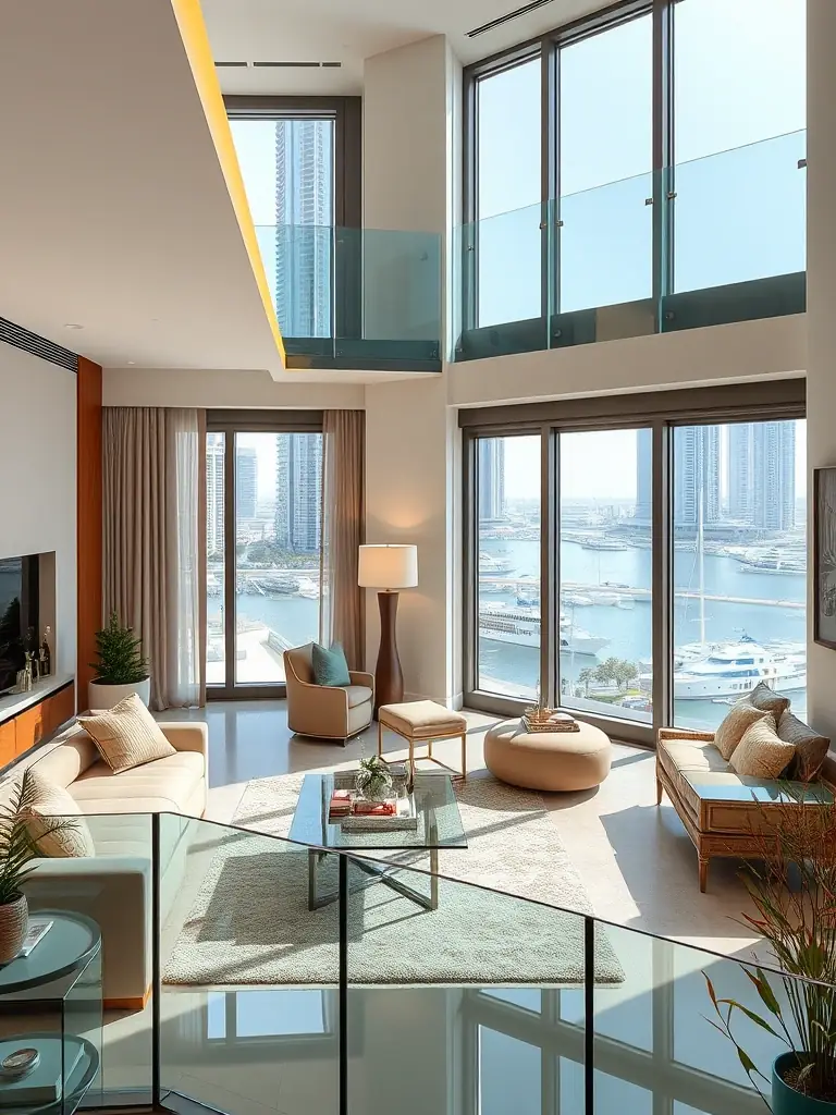A luxurious one-bedroom apartment in Dubai Marina, showcasing a spacious living area, a private balcony overlooking the marina, and high-end finishes.