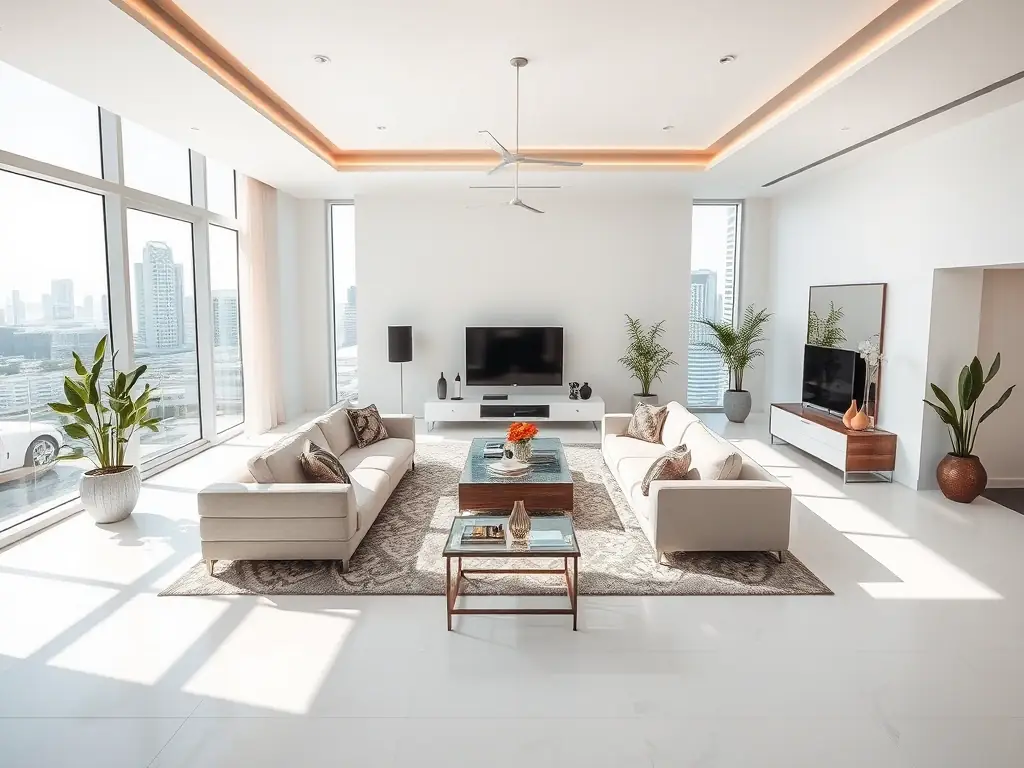 A professional photograph showcasing a modern Dubai apartment interior, emphasizing cleanliness and stylish decor, to represent properties managed under a fixed Ejari rental contract.