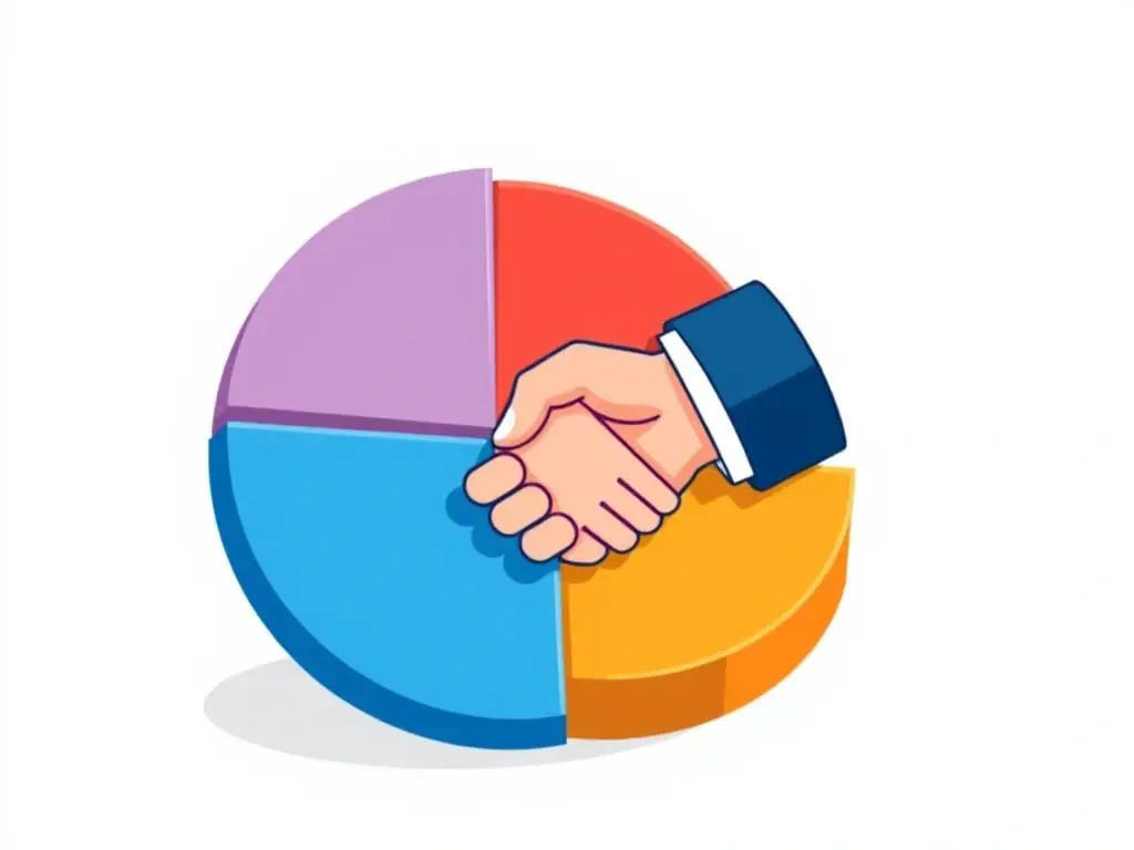 An image depicting a pie chart illustrating revenue sharing, with a handshake overlayed, symbolizing partnership and shared success between Vacay Xeal Homes Rental and the landlord.
