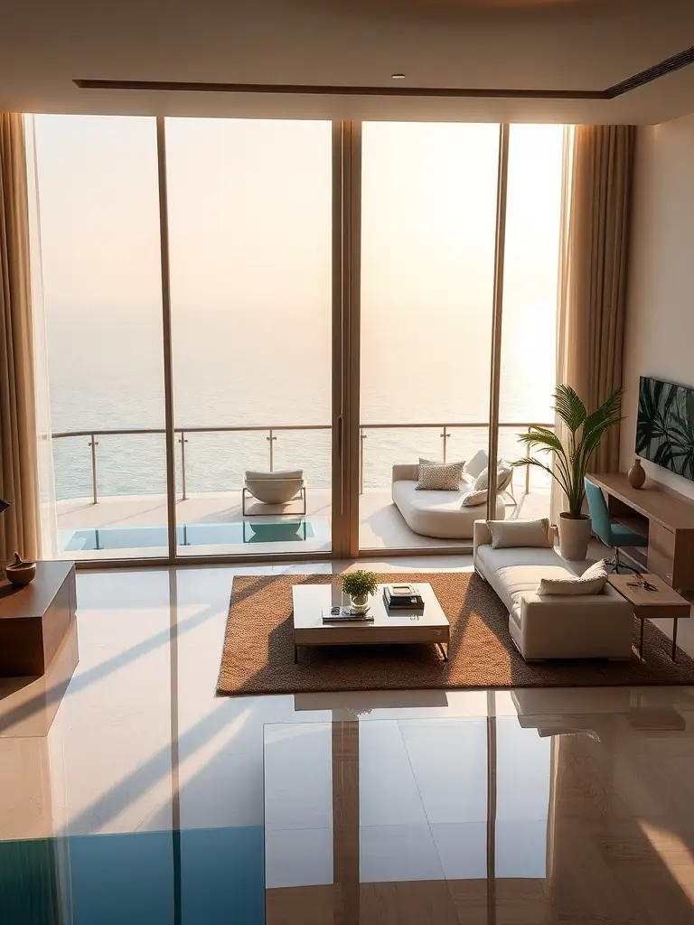 A spacious two-bedroom apartment on Palm Jumeirah, featuring direct beach access, a private pool, and panoramic views of the Arabian Gulf.