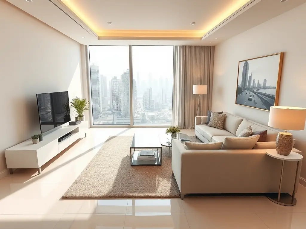 A modern Dubai apartment interior, showcasing a clean and well-maintained living space, representing the stability and security of a fixed rental income.