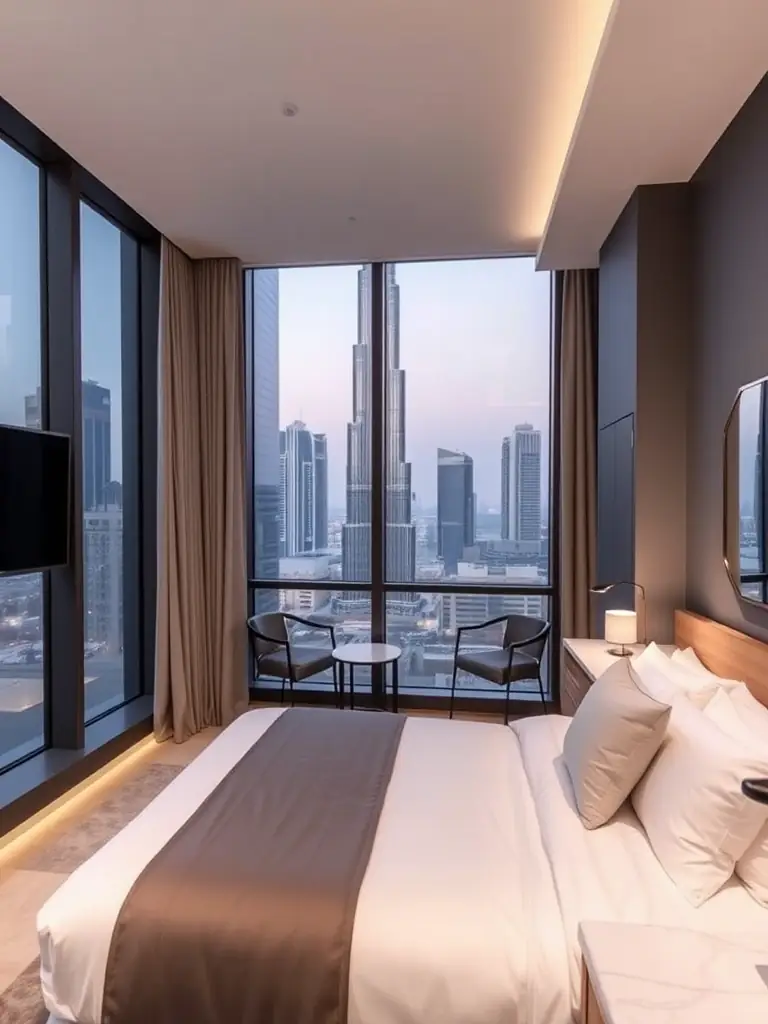 A bright and modern studio apartment in Downtown Dubai, featuring floor-to-ceiling windows with a view of the Burj Khalifa, a fully equipped kitchen, and stylish furniture.