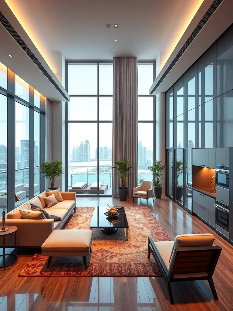 A contemporary apartment in Business Bay, featuring modern decor, a fully equipped kitchen, and access to a rooftop pool with city views.