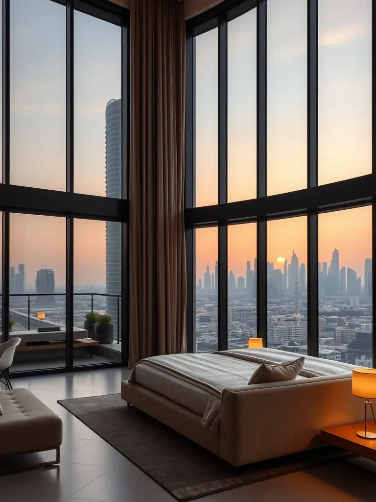 A modern, fully furnished studio apartment in Downtown Dubai with floor-to-ceiling windows offering stunning city views, showcasing its sleek design and comfortable living space.