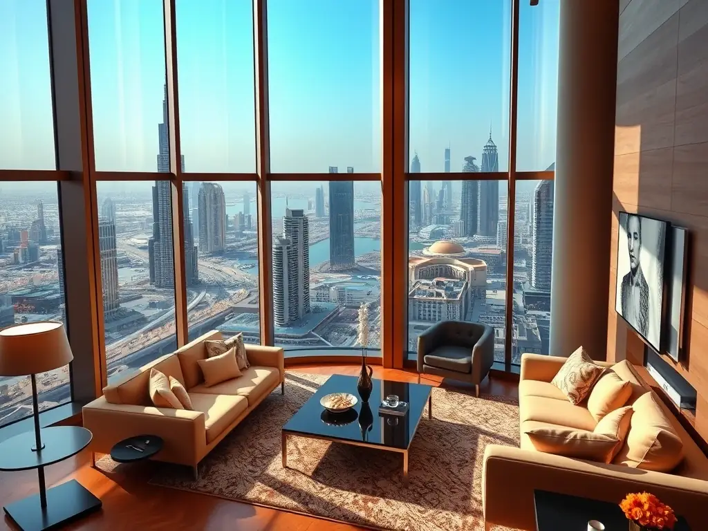 A high-angle, sunlit photograph showcasing the modern living room of a Vacay Xeal Homes apartment in Downtown Dubai, with the Burj Khalifa visible through the large windows, emphasizing the prime location and luxurious amenities.