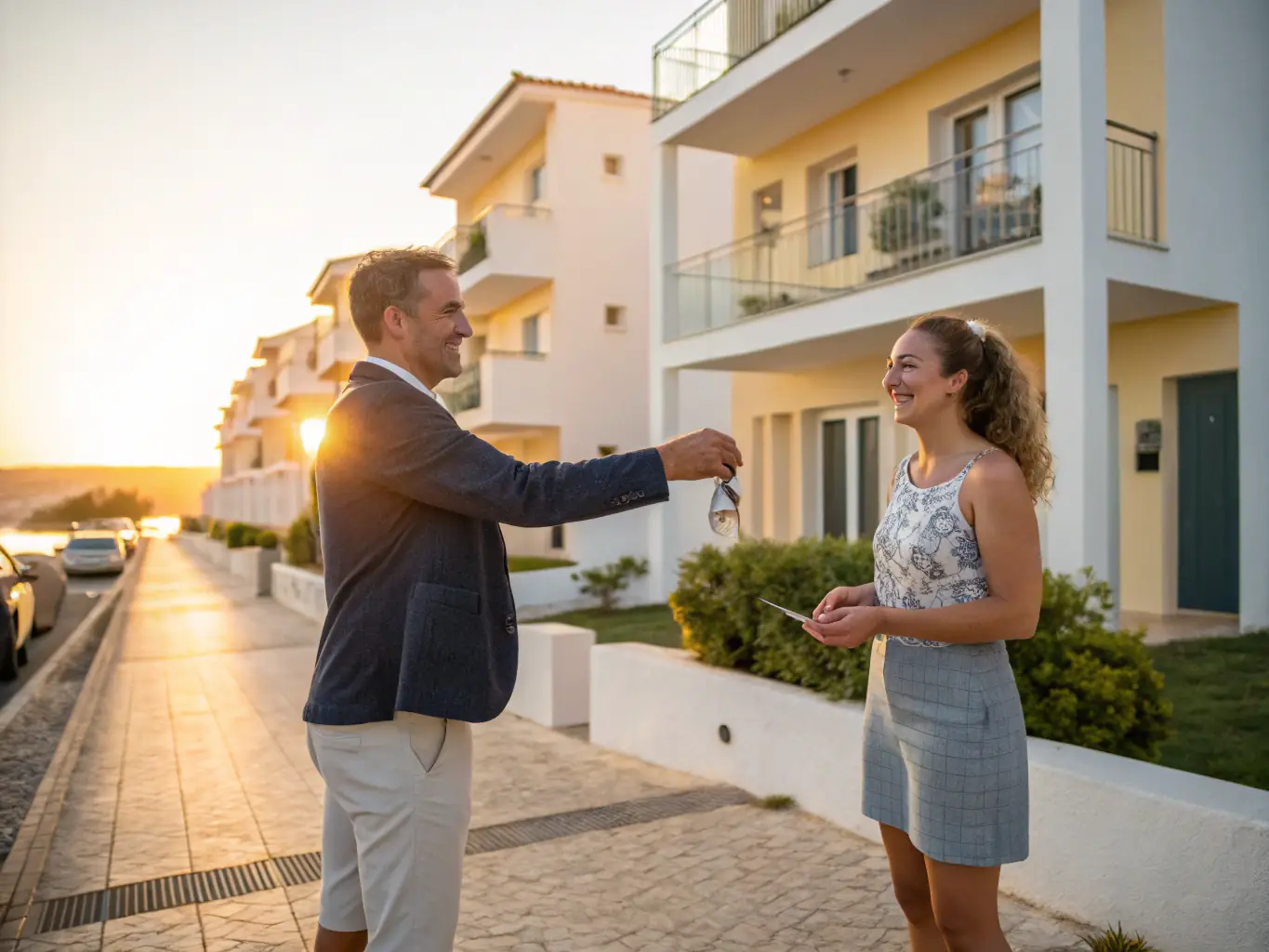 A brightly lit, professionally styled photograph of a Vacay Xeal Homes property manager handing over keys to a smiling guest in the lobby of a luxury apartment building in Dubai Marina, highlighting the personalized service.