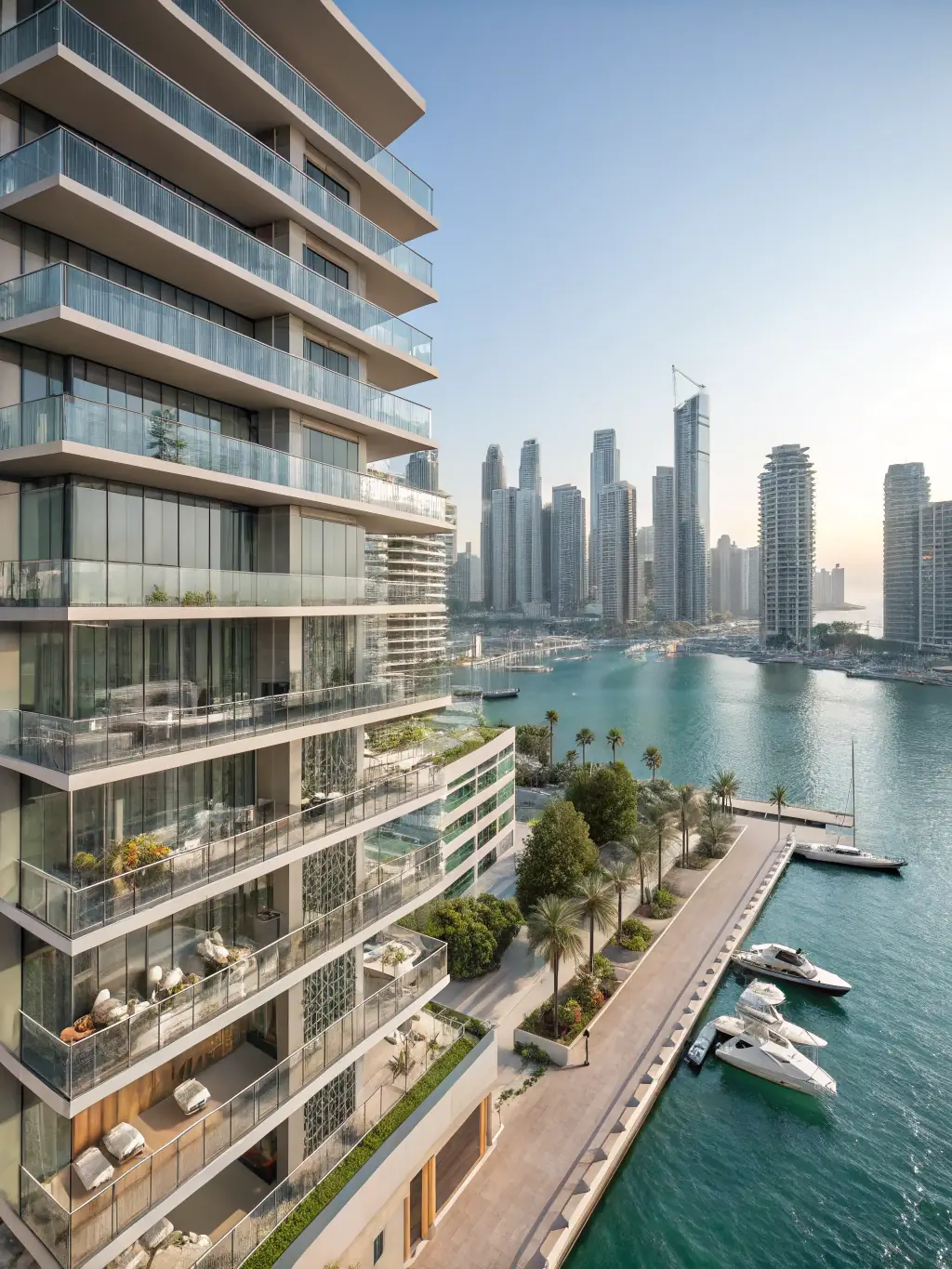 A luxurious one-bedroom apartment in Dubai Marina, featuring a private balcony overlooking the marina, highlighting its waterfront location and upscale furnishings.