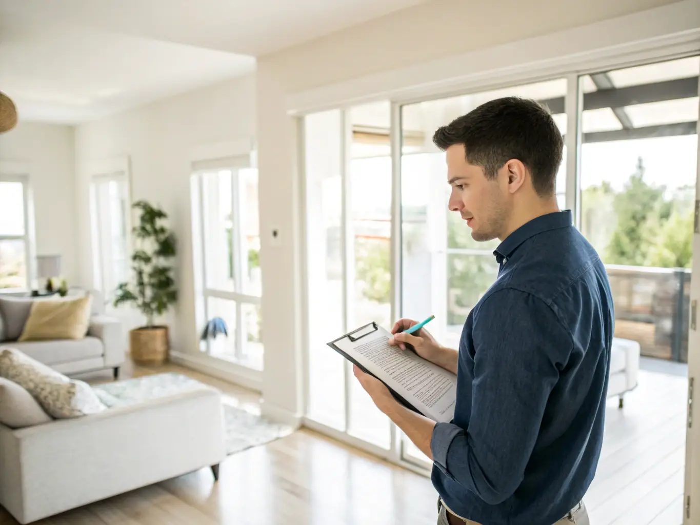 A professional property manager inspecting a luxury apartment, highlighting the operational support and expertise provided under a fixed monthly subscription.