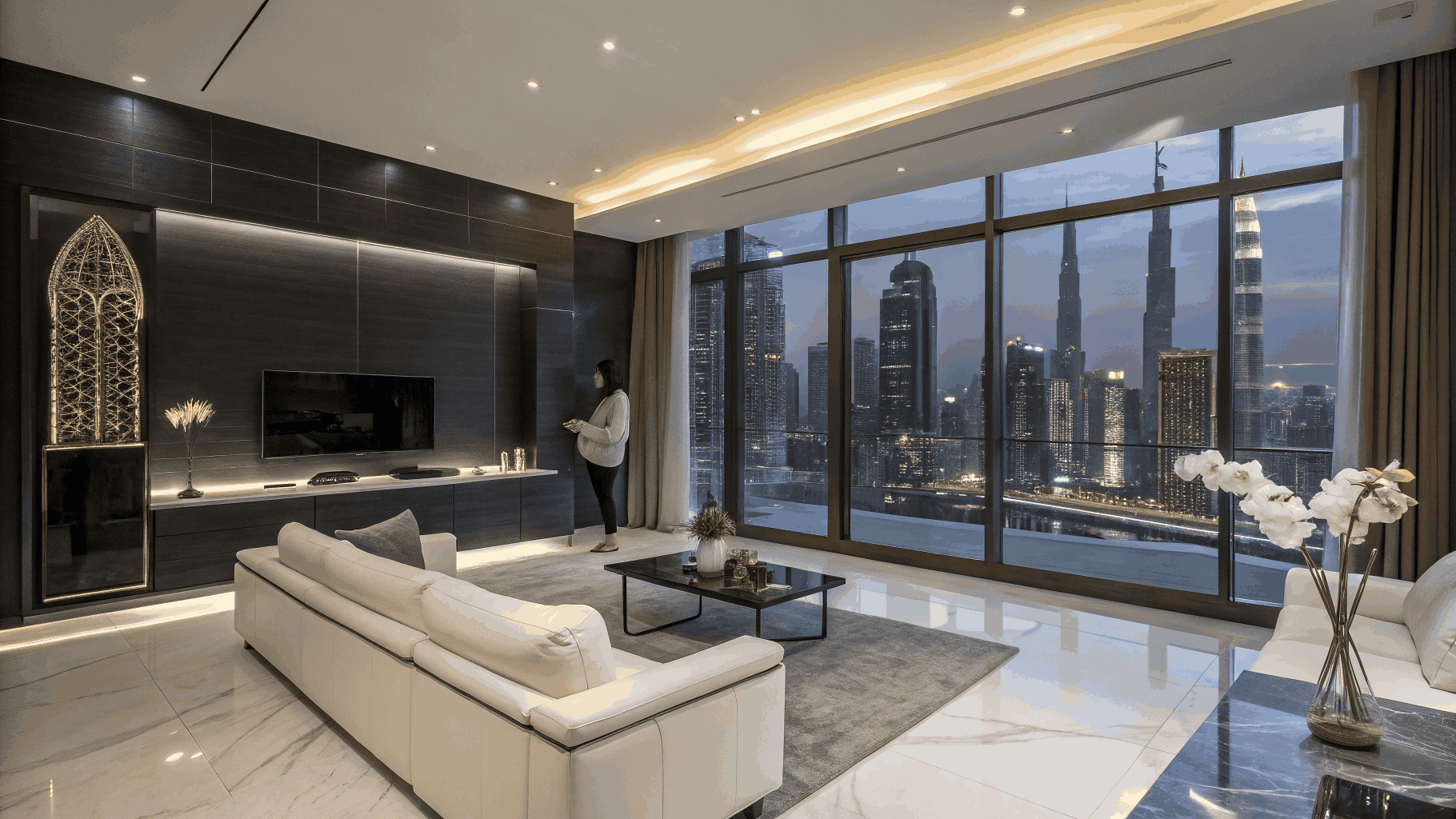 Modern luxury apartment interior in Dubai with panoramic city views