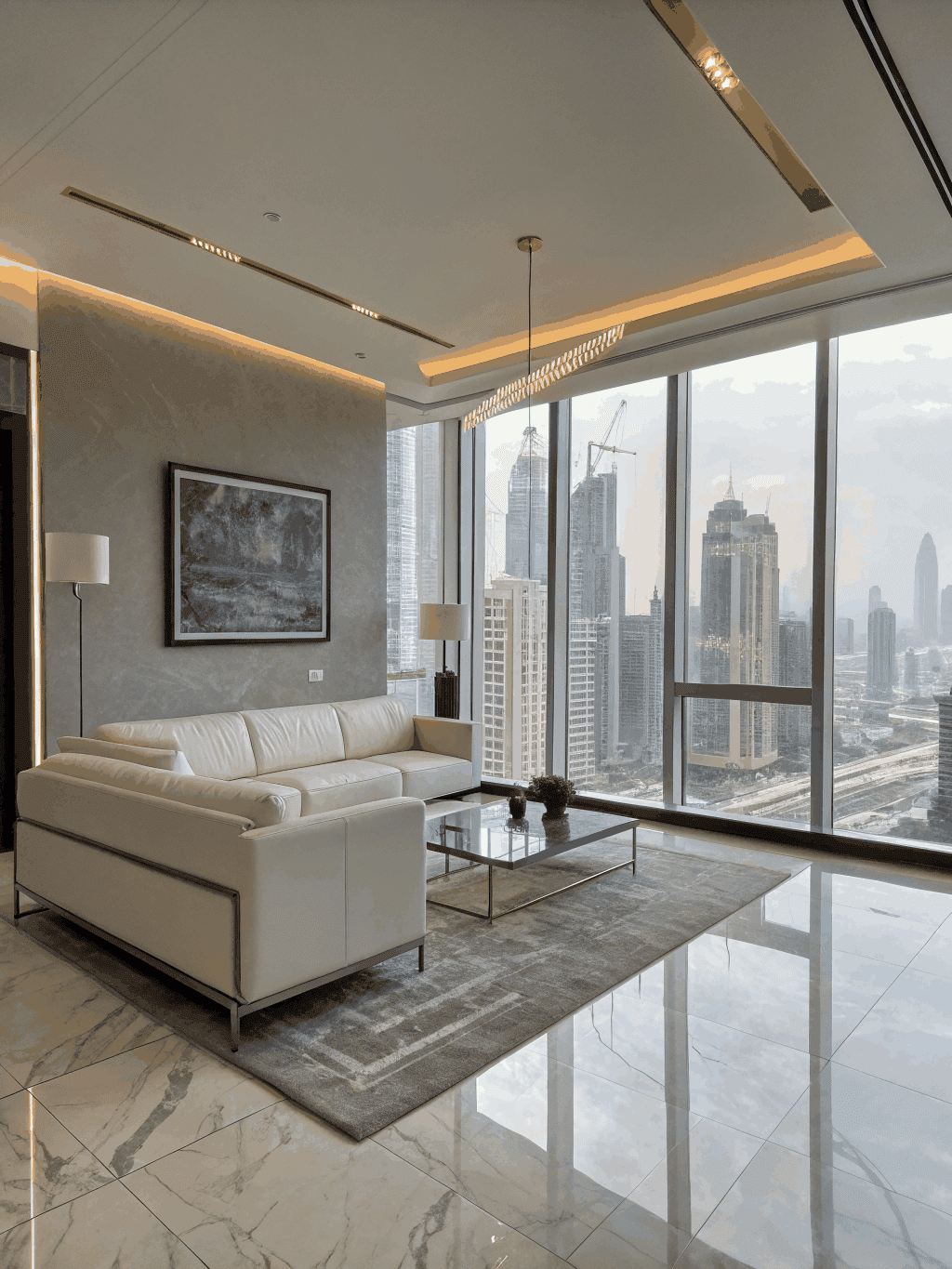 Modern luxury apartment interior in Dubai with panoramic city views